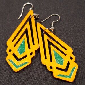 Wood Carved with Green contrast Dangling Earring